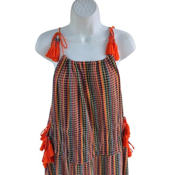 Zara Bright Multicolor Maxi Dress Tassel Straps Checkered Resort Beach Cover Up - Picture 7 of 13